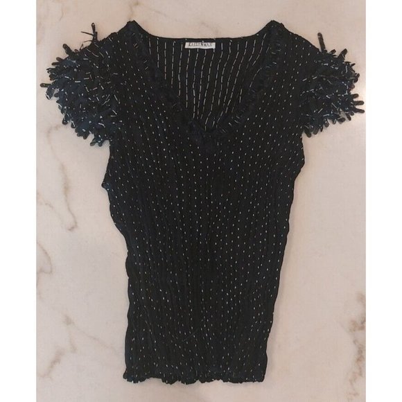 Kaelyn-N-Max Shredded Cap Sleeve Beaded V-neck Accordion Black Top-Lrg - Picture 2 of 8